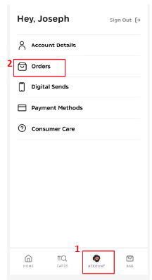 How can I view my order history on the Hallmark Cards Now app?